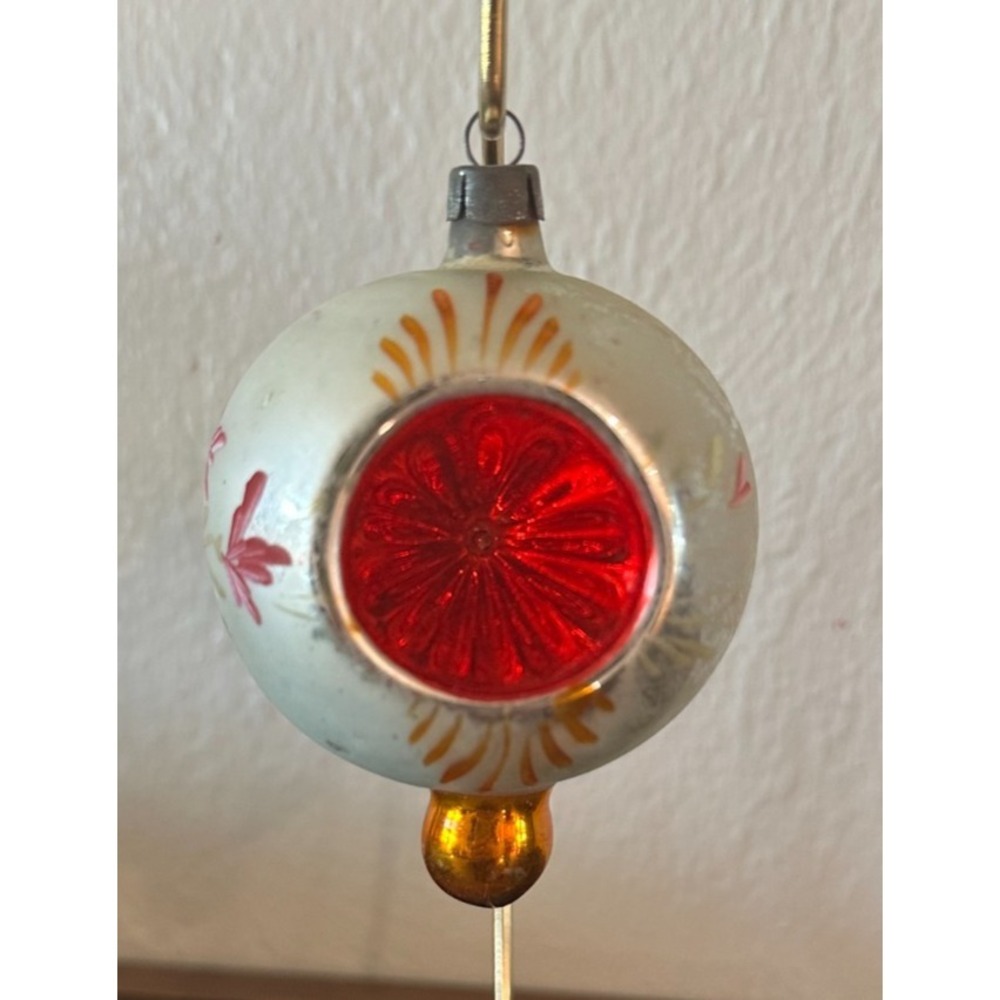 German Blown Mercury Glass Red Double Indents Orange Drop Ball Xmas Ornament 3.5